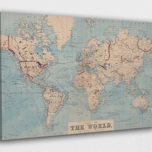 Mappa del mondo vintage blu su tela, decorazione da parete, stampa poster per casa e ufficio, I POSTER o TELA PRONTA da appendere