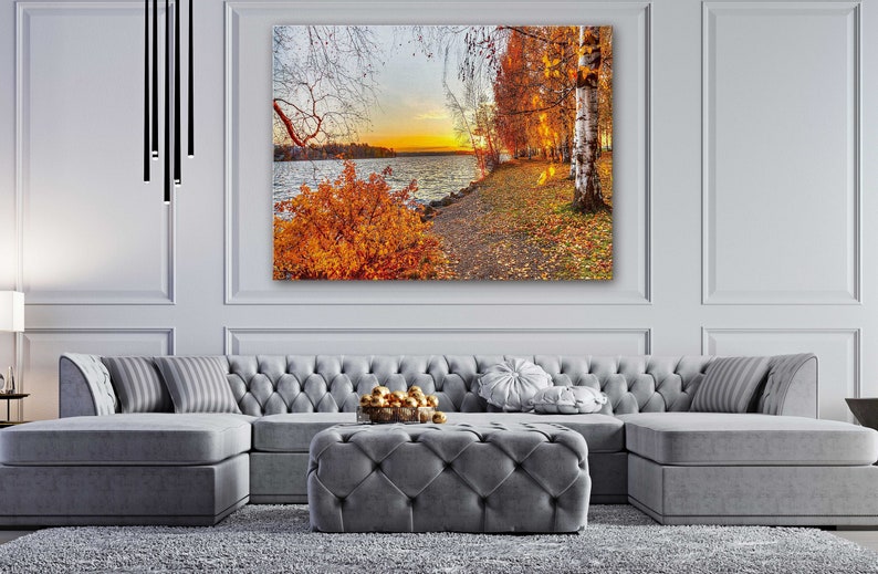 Sunset near the lake and Autumn Forest Canvas Wall Art Design|Poster Print Decor for Home /& Office DecorationIPOSTER or CANVAS READY to Hang