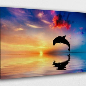 Beautiful sunset w a dolphin Canvas Wall Art Design | Poster Print Decor for Home & Office Decoration I POSTER or CANVAS READY to Hang