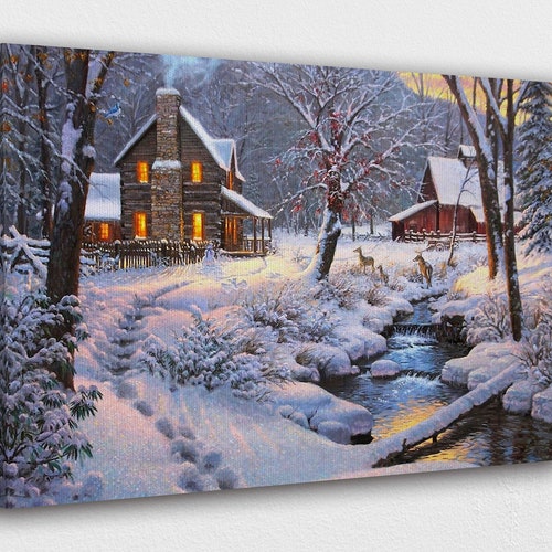 Winter Snow a Lake Near House W Reindeer's Canvas Design - Etsy