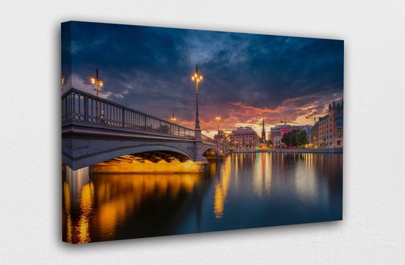 Evening lights River Bridge in Sweden Canvas Design Poster | Etsy