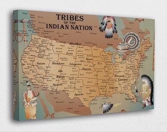 Tribes of Indian Nations Map Canvas Wall Art | American Indian Tribes Map Poster Print & Office Decoration I POSTER or CANVAS READY to Hang