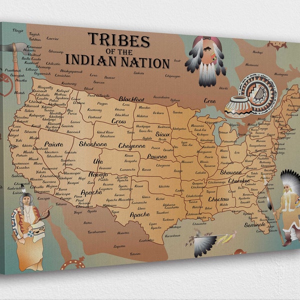 Tribes of Indian Nations Map Canvas Wall Art | American Indian Tribes Map Poster Print & Office Decoration I POSTER or CANVAS READY to Hang