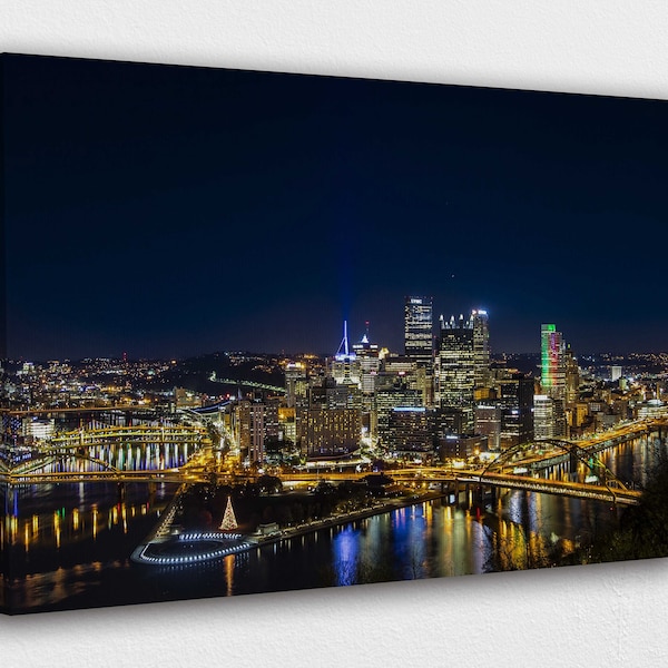 Skyline in Pittsburgh w Lights Canvas Design | Poster Print Decor for Home & Office Decoration I POSTER or CANVAS READY to Hang