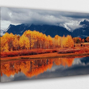 Árbol de otoño a lo largo del río con diseño de arte de pared de lienzo de montaña/decoración de impresión de póster para decoración del hogar y la oficinaIPOSTER o LIENZO LISTO para colgar