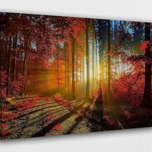 Design artistico da parete su tela con alberi autunnali rosso brillante su un tramonto/Stampa poster per la decorazione di casa e ufficio I POSTER o TELA PRONTA per essere appesa