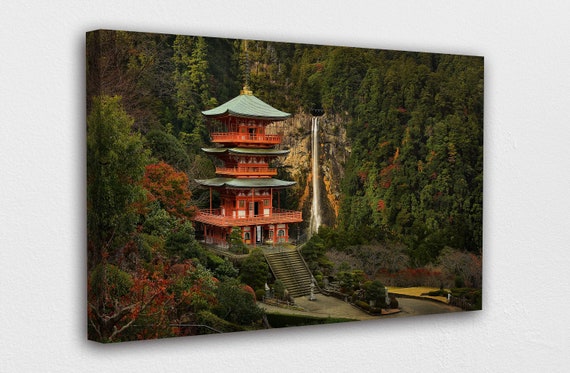Wall Art Japanese Temple And Waterfall Canvas Print Painting Poster Home Decor 