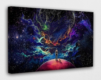 Fantasy clouds,planet,stars and boy Canvas Wall Art Design| Poster Print Decor for Home & Office Decoration I POSTER or CANVAS READY to Hang