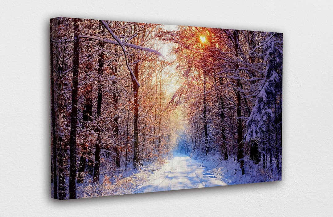 Sunset in a Snowy Forest Canvas Design Poster Print Decor for Home