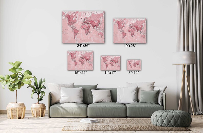 Pink world map Canvas Wall Art Design Poster Print Decor for | Etsy