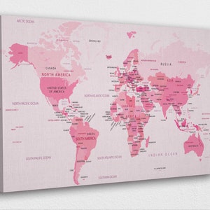 Roze wereldkaart Canvas Wall Art Design | Poster Print Decor voor thuis- en kantoordecoratie I POSTER of CANVAS KLAAR om op te hangen