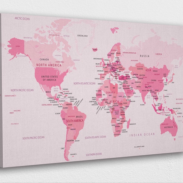 Pink world map Canvas Wall Art Design | Poster Print Decor for Home & Office Decoration I POSTER or CANVAS READY to Hang