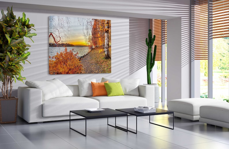 Sunset near the lake and Autumn Forest Canvas Wall Art Design|Poster Print Decor for Home /& Office DecorationIPOSTER or CANVAS READY to Hang
