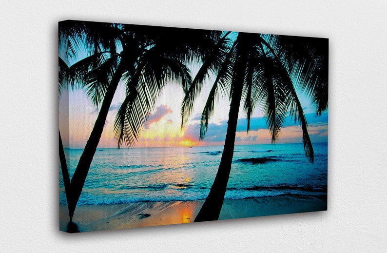 Sunset on Beach Side W Coconut Trees Canvas Wall Art - Etsy
