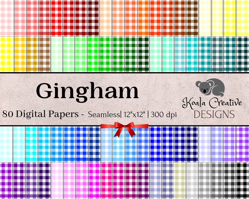 K&ouml;nnte beinhalten: 80 digitale Papiere mit einer Vielzahl von Gingham-Mustern in verschiedenen Farben. Jedes Papier ist 30,48 cm x 30,48 cm gro&szlig; und hat eine Aufl&ouml;sung von 300 dpi.