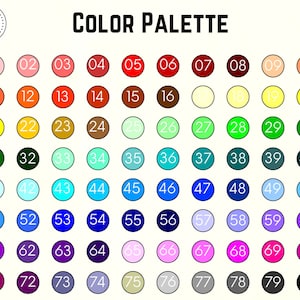 K&ouml;nnte beinhalten: Eine Farbpalette mit 80 verschiedenen Farbmustern, die in einem Raster angeordnet sind. Jedes Muster ist von 01 bis 80 nummeriert.
