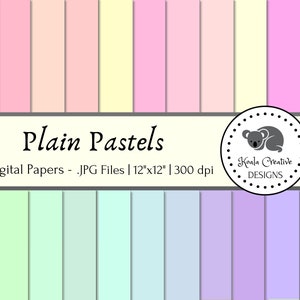 May include: A set of 47 digital papers in various pastel colors. The papers are 12 inches by 12 inches and 300 dpi. The text "Plain Pastels" is at the top of the image. The text "Koala Creative Designs" is in a circle at the bottom of the image.