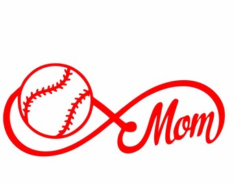 May include: Red infinity symbol with the word "Mom" inside and a baseball in the loop.
