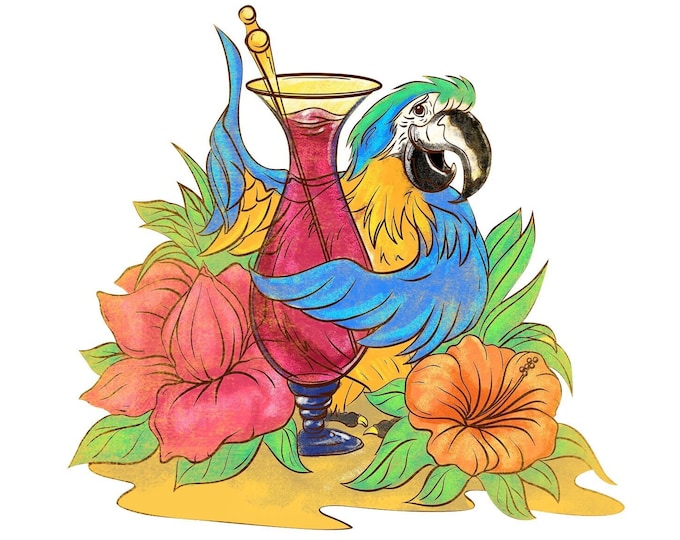 5 o'clock somewhere decal, Drinking parrot decal, Tropical parrot decal, Mixed drink parrot, full color parrot decal, 5 o'clock parrot