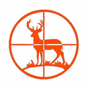 Pode incluir: Silhueta laranja de um veado em um círculo de alvo com uma mira.