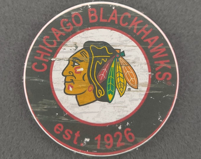 Chicago Blackhawks pin back button, Chicago Blackhawks team logo buttons, NHL sports team pins, NHL sport team button, NHL pin back button