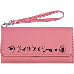 Cartera de mujer Soul full of sunshine, Cartera con logo de girasol grabado, Cartera de piel para mujer con correa, Soul full of sunshine Sunflower