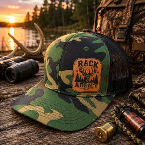 Cappello da camionista Rack Addict, cappello con toppa per la caccia al cervo, cappellino snapback Buck Hunter, cappello da campo di caccia, berretto in pelle con toppa per attività all'aperto