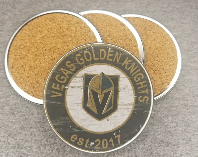 Vegas Golden Knights coaster set, Golden Knights team logo coasters, NHL sports team coasters, Cork back coasters, Sport teams coaster set