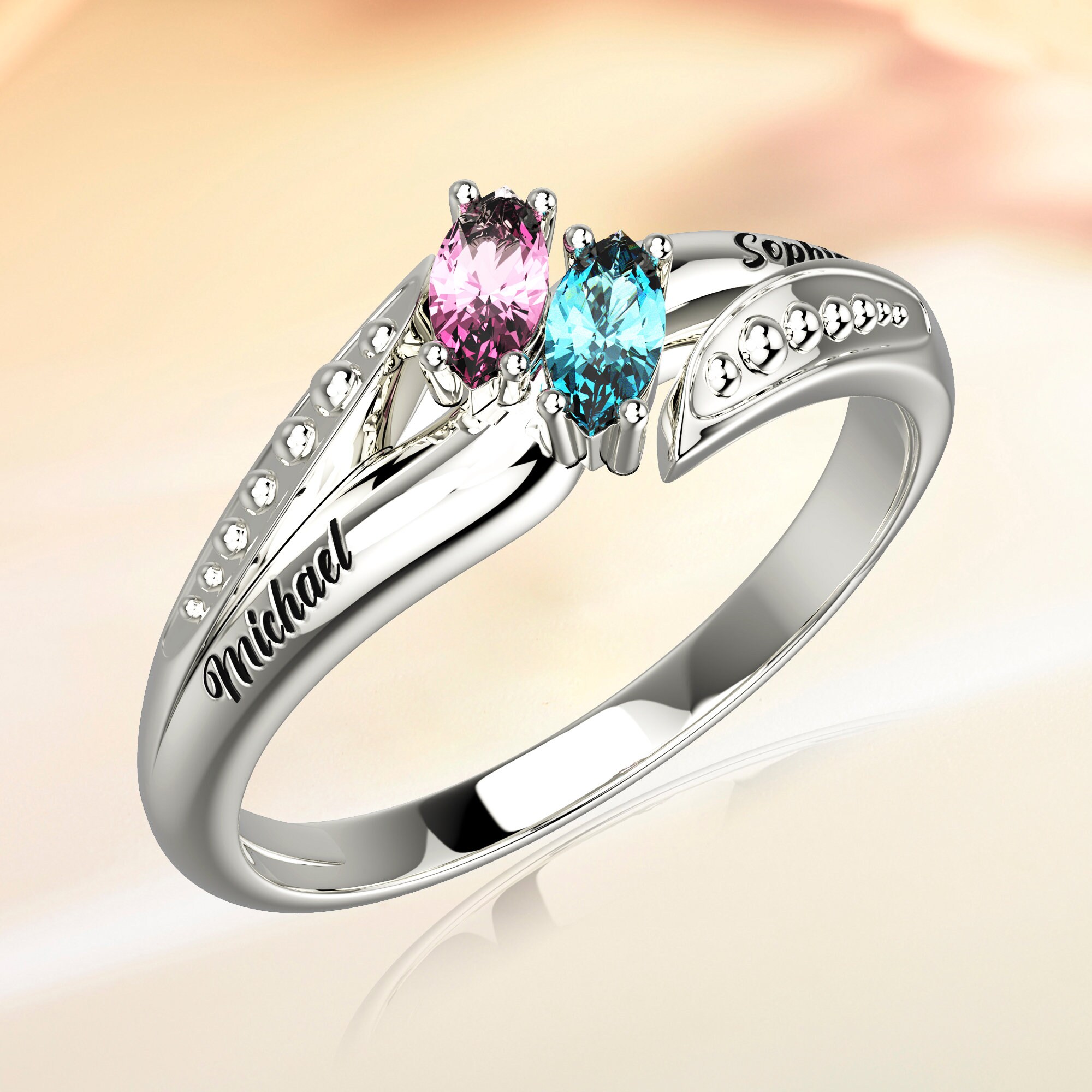 Bague Promesse Personnalisée Argent 925 | Gravure Nom Et Pierres Naissance | Cadeau Femme Noël, Anniversaire
