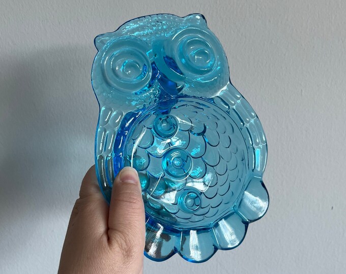 Vintage Blue Glass Owl Ashtray, 1970s Trinket Catchall Ring Dish, MCM
