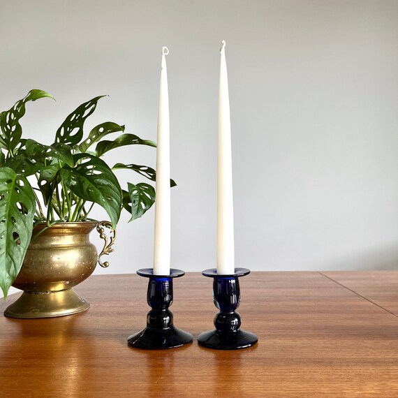 Vintage Cobalt Blue Glass Candlesticks Set of 2 Short Hand Etsy