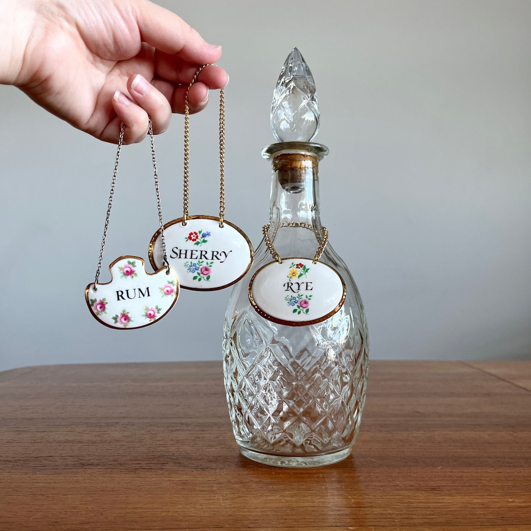 Vintage Decanter Bottle Tag/ Labels, Rum Sherry Rye, White Floral Gold