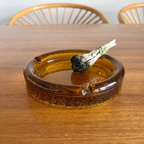 Vintage Blenko Amber Glass Ashtray Textured Round Eclectic Etsy