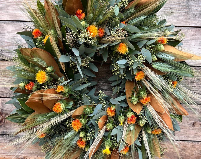 Handcrafted Magnolia Eucalyptus Wheat Wreath, Fall Front Door Decor