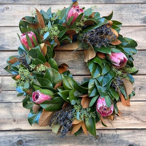 Fresh Real Magnolia Eucalyptus Pink Ice Proteas and Privet Wreath for front door decor birthday gift spring summer Spring, Home decor,