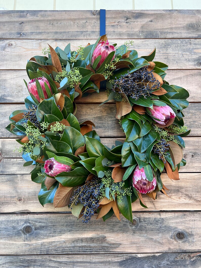 Fresh Real Magnolia Eucalyptus Pink Ice Proteas and Privet Wreath for front door decor birthday gift spring summer Spring, Home decor, image 1