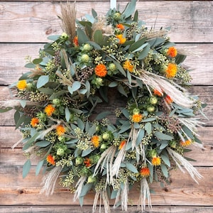 FRESH Seeded Eucalyptus, Safflower, Silver Feather Wreath — Home Decor |  Fall | Autumn | Housewarming Gift | Handcrafted | Wedding