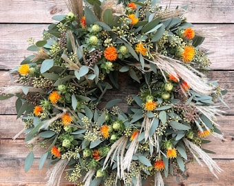 FRESH Seeded Eucalyptus, Safflower, Silver Feather Wreath — Home Decor |  Fall | Autumn | Housewarming Gift | Handcrafted | Wedding