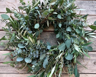 FRESH Curly Willow, Eucalyptus, Olive, Rosemary Wreath, front door decor. Spring, Wedding, Spring, Birthday Gift, Mothers Day, Summer.