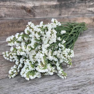 May include: A bouquet of white statice flowers with green stems, arranged on a weathered wooden surface. The flowers have small, clustered blooms, creating a delicate and textured appearance. The background is a rustic wooden plank.