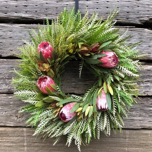 Fresh Real Grevillea Pink Ice Protea Wreath for Front Door wreath winter decor kitchen rustic birthday Housewarming gift Summer, Mothers day