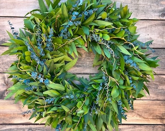 FRESH Bay Leaf,  Curly Willow Preserved Eucalyptus wreath full of aroma front door decor Wedding Birthday, Gift, Graduation, Mothers day.