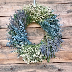 Dried Lavender, Dried Babys Breath, Preserved Eucalyptus Wreath for Front Door Spring Home Decor long lasting, Graduation,Housewarming Gift image 1