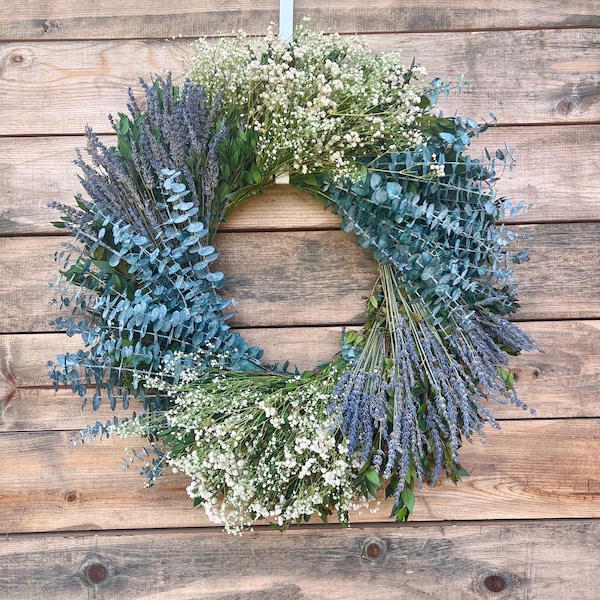 Dried Lavender, Dried Baby’s Breath, Preserved Eucalyptus Wreath for Front Door Spring Home Decor long lasting, Graduation,Housewarming Gift
