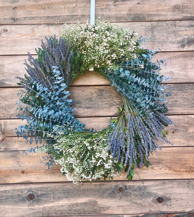 Dried Lavender, Dried Babys Breath, Preserved Eucalyptus Wreath for Front Door Spring Home Decor long lasting, Graduation,Housewarming Gift image 1