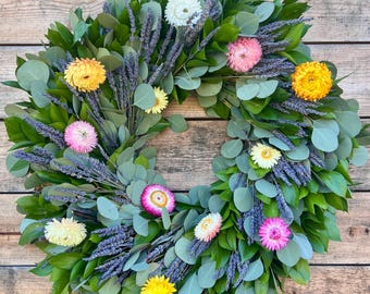 FRESH Wreath Silver Dollar Eucalyptus, Ruscus Dry Straw Flower, Dry Lavender—Front Door | Decor |Aromatic | Birthday | Summer | Spring