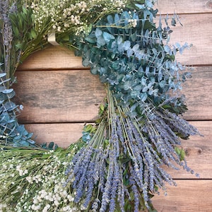 Dried Lavender, Dried Babys Breath, Preserved Eucalyptus Wreath for Front Door Spring Home Decor long lasting, Graduation,Housewarming Gift image 2