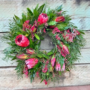 FRESH Wreath Real Bayleaf Laurel,  Pink Ice Protea, Pepperberry, Spring, Summer,  Mothers Day, Housewarming Gifts Birthday, Graduation.