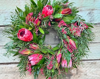 FRESH Wreath Real Bayleaf Laurel,  Pink Ice Protea, Pepperberry, Spring, Summer,  Mothers Day, Housewarming Gifts Birthday, Graduation.