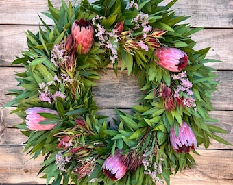 Fresh Bayleaf Wreath with Pink Protea, Safari Greenery, Spring Door Decor